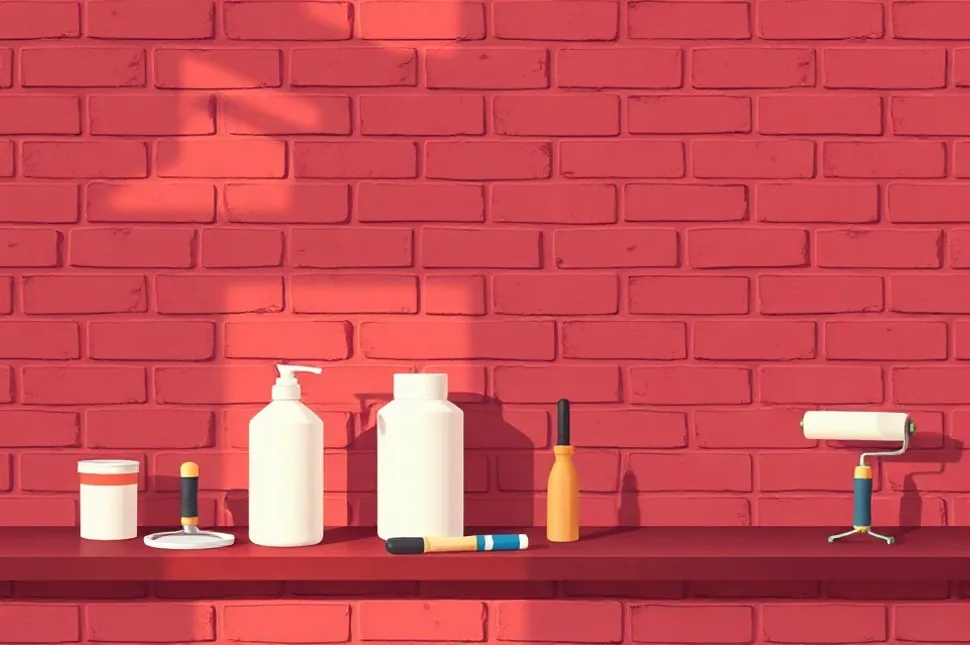 Outils de peinture disposés dans l'ordre des étapes du chantier