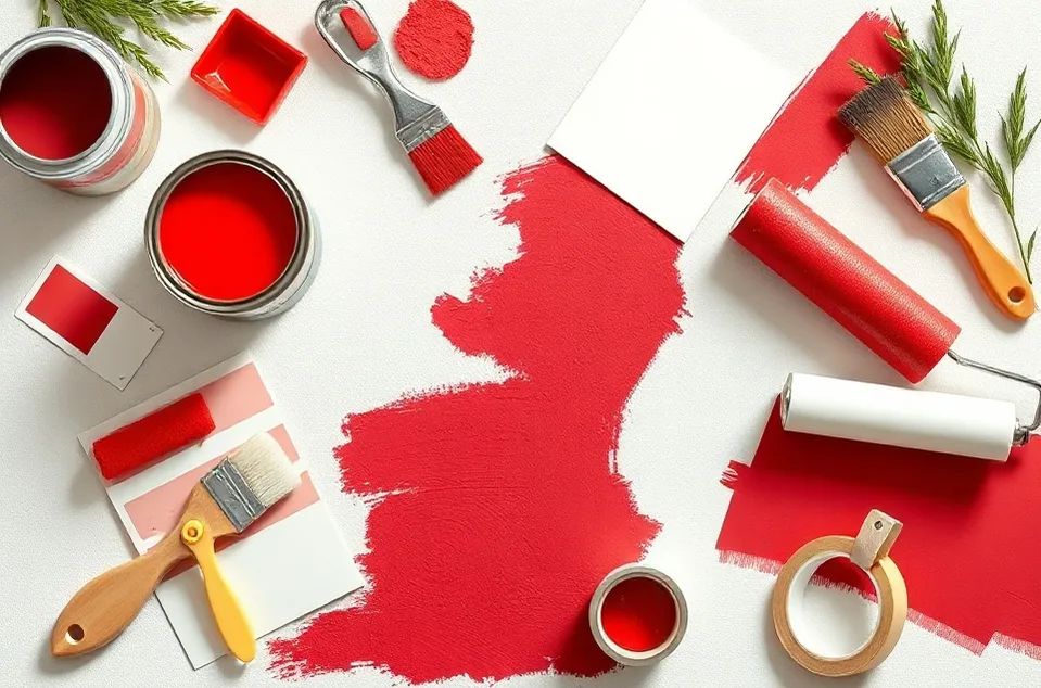 Pots de peinture, nuancier, brosses et rouleaux disposés à plat