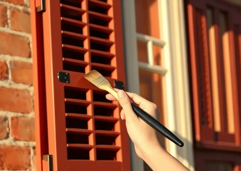 Mise en peinture au pinceau de volets et d'encadrements en bois