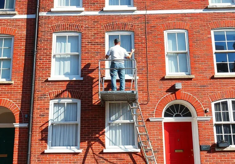 Peintre sur échafaudage traitant la façade d'une maison